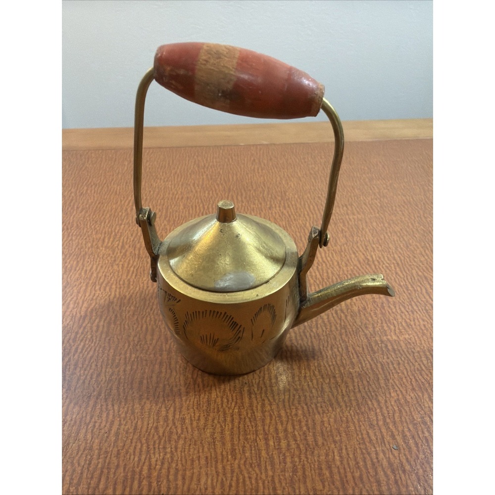 Miniature Brass Teapot Kettle w/ Lid Home Decor Made In India Wood Handle